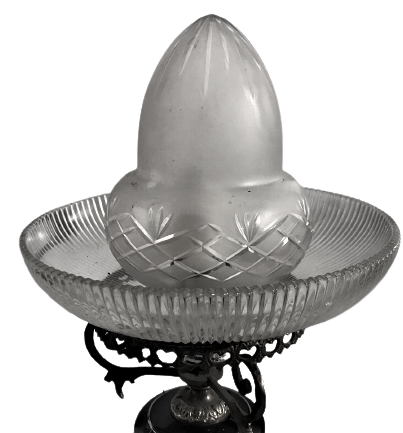 FRANSIZ BAŞ UCU GECE LANBASI PORSELEN GÖVDE BRONZ AYAK KİRISTAL FANUS VE ALT ÜZERİ EL ALTIN CEKME