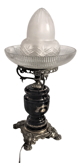 FRANSIZ BAŞ UCU GECE LANBASI PORSELEN GÖVDE BRONZ AYAK KİRISTAL FANUS VE ALT ÜZERİ EL ALTIN CEKME