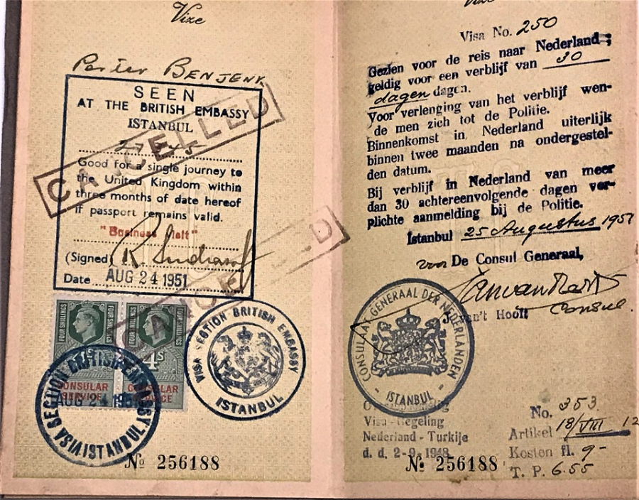 İŞ ADAMI  TÜCCAR PERTEV BENJENK 1951 YILINDA ALDIGI TÜRKİYE CUMHURİTETİ ESKİ CERCEVELİ PASAPORTU 