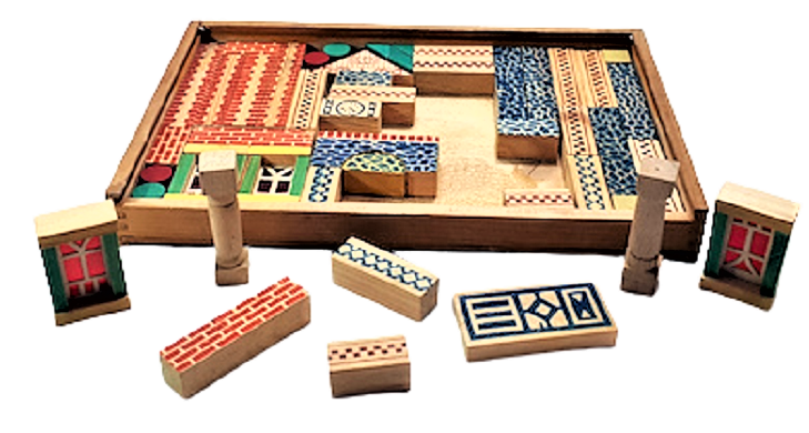 1930 ALMAN İNŞAAT YAPIMI OYUNU AHŞAP KÖK BOYAMA ANTİKA ZEKA OYUNU SÜRGÜLÜ KAPAK AHŞAP KUTUSUNDA