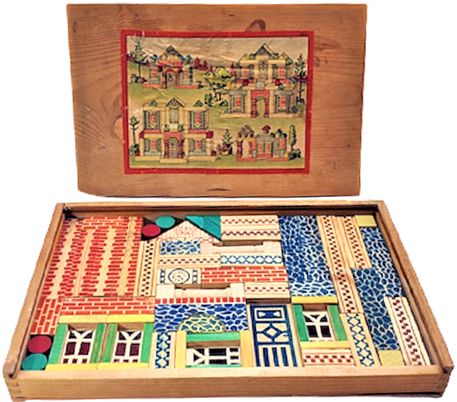 1930 ALMAN İNŞAAT YAPIMI OYUNU AHŞAP KÖK BOYAMA ANTİKA ZEKA OYUNU SÜRGÜLÜ KAPAK AHŞAP KUTUSUNDA