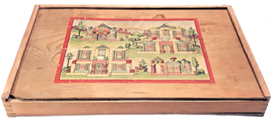 1930 ALMAN İNŞAAT YAPIMI OYUNU AHŞAP KÖK BOYAMA ANTİKA ZEKA OYUNU SÜRGÜLÜ KAPAK AHŞAP KUTUSUNDA