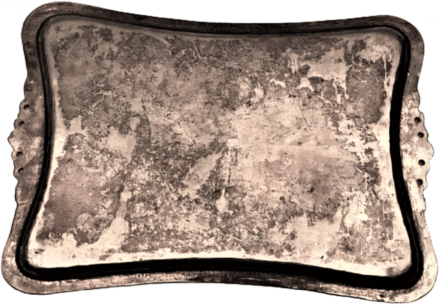 1950 GÜMÜŞ KAPLAMA ÜZERİ KALEM İŞ SÜSLEMELİ CİFT KULPLU  KAHVE SUNUM TEPSİSİ 