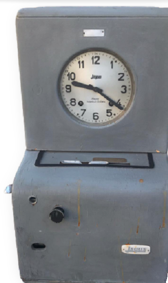 1920 JSGUS FABRİKA İŞCİ GİRİŞ CIKIŞ KART BASMA SAATİ MAYER İSTANBUL GALATA KURMALI MEKANİK AGAC KASA 