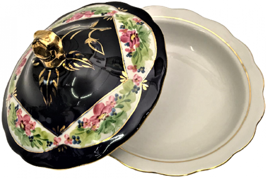 KOYU KOBALT RENK ÜZERİ CİCEKLİ EL YAPIM SÜMERBANK DAMGALI KAPAKLI PORSELEN SAHAN İKRAMLİK LOKUMLUK 