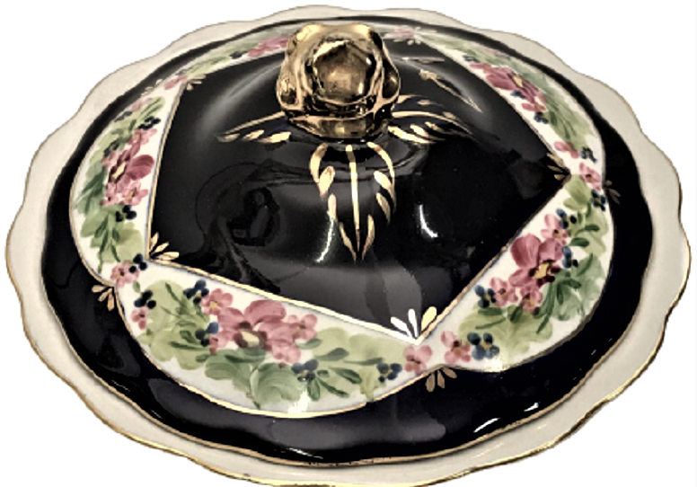 KOYU KOBALT RENK ÜZERİ CİCEKLİ EL YAPIM SÜMERBANK DAMGALI KAPAKLI PORSELEN SAHAN İKRAMLİK LOKUMLUK 