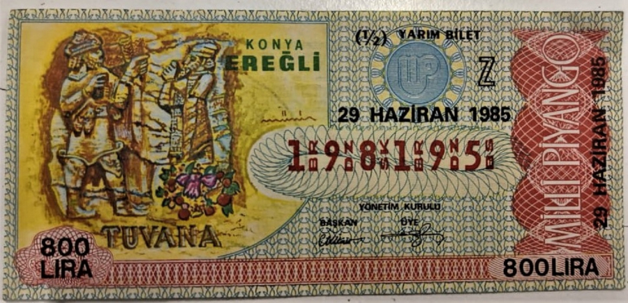 MİLLİ PİYANGO YARIM BİLET 800 LİRA 198195 SERİ NO 29 HAZİRAN 1985 ÇEKİLİŞİ  