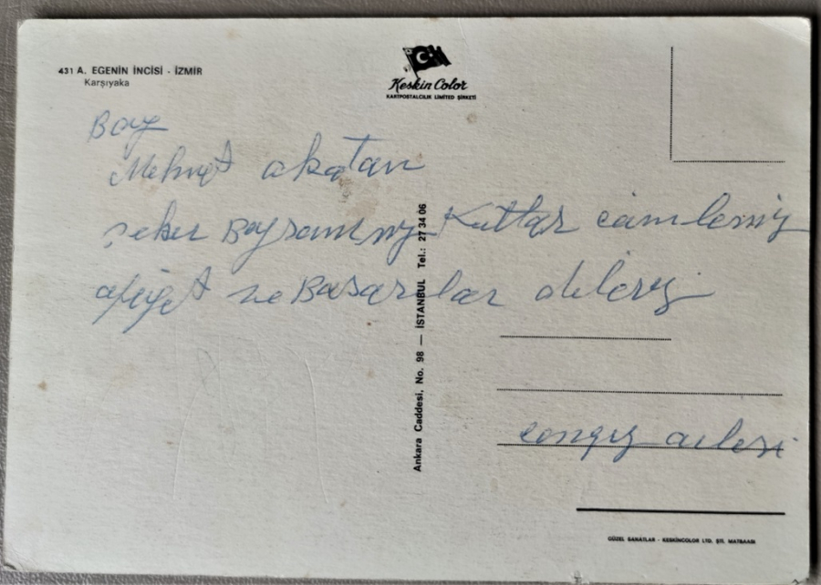 EGENİN İNCİSİ İZMİR KARŞIYAKA KARTPOSTAL ARKASI YAZILI