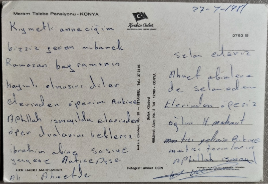 MERAM TALEBE PANSİYONU KONYA KARTPOSTAL ARKASI YAZILI
