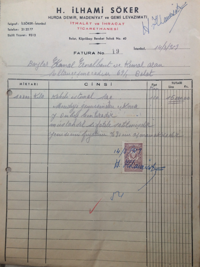 1959 İSTANBUL H.İLHAMİ SÖKER HURDA DEMİR,MADENİYAT VE GEMİ LEVAZIMATI FİRMASINDAN KESİLMİŞ FATURA 