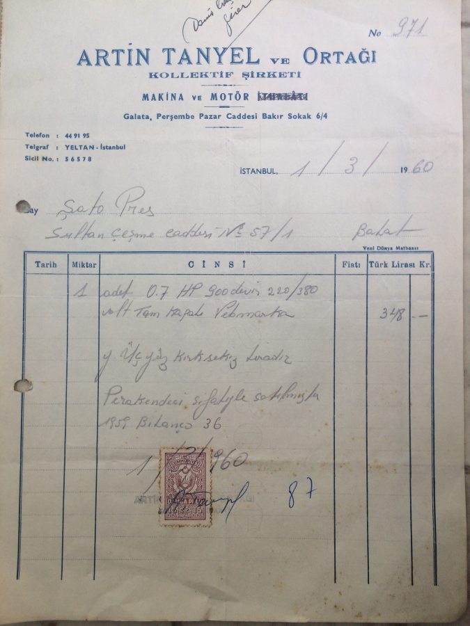 1960 İSTANBUL ARTİN TANYEL VE ORTAĞI KOLLEKTİF ŞİRKETİ FİRMASINDAN KESİLMİŞ 348 TÜRK LİRALIK FATURA 