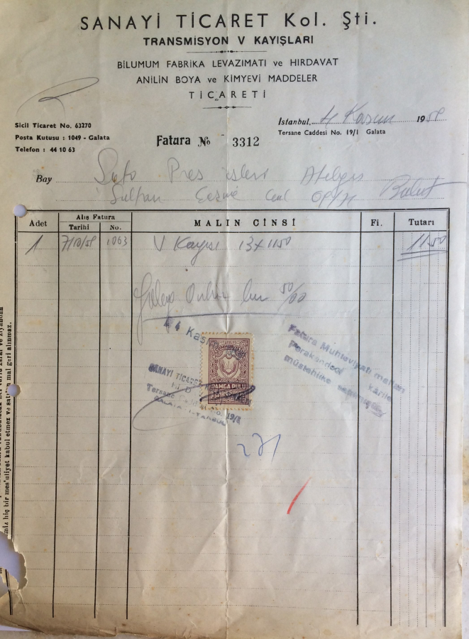 1959 SANAYİ TİCARET KOL.ŞTİ TRANSMİSYON V KAYIŞLARI TARAFINDAN KESİLMİŞ FATURA 