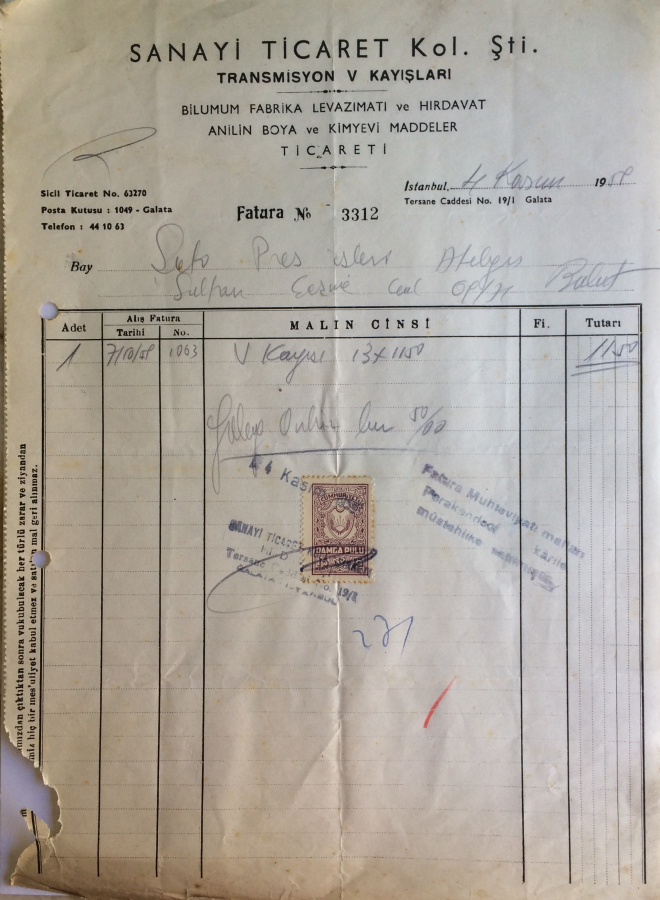 1959 SANAYİ TİCARET KOL.ŞTİ TRANSMİSYON V KAYIŞLARI TARAFINDAN KESİLMİŞ FATURA 