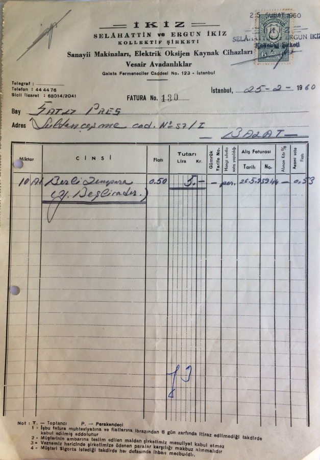 1960 İKİZ SELAHATTİN VE ERGÜN İKİZ KOLLEKTİF ŞİRKETİ TARAFINDAN KESİLMİŞ FATURA 