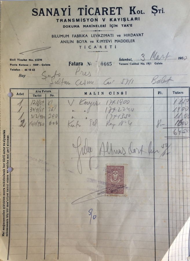 1960 SANAYİ TİCARET KOL.ŞTİ.TRANSMİSYON V KAYIŞLARI TARAFINDAN KESİLMİŞ FATURA 
