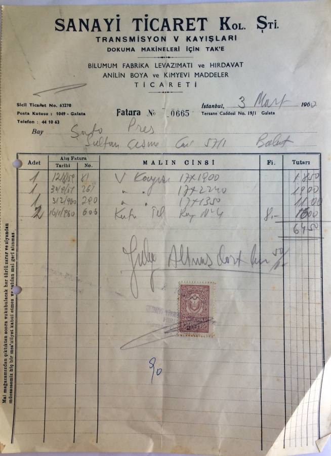 1960 SANAYİ TİCARET KOL.ŞTİ.TRANSMİSYON V KAYIŞLARI TARAFINDAN KESİLMİŞ FATURA 
