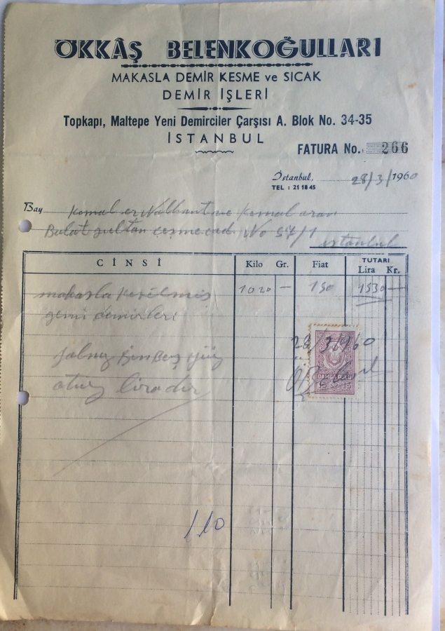 1960 OKKAŞ BELENKOĞULLARI TARAFINDAN KESİLMİŞ FATURA 