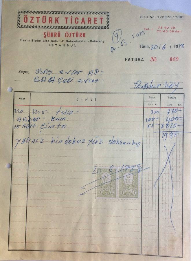 1978 ÖZTÜRK TİCARET ŞÜKRÜ ÖZTÜRK TARAFINDAN KESİLMİŞ FATURA 