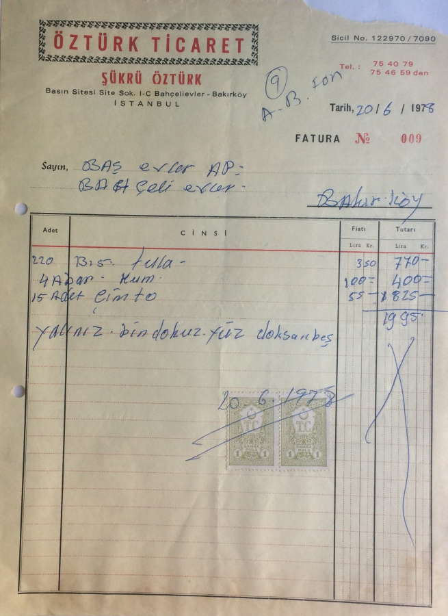 1978 ÖZTÜRK TİCARET ŞÜKRÜ ÖZTÜRK TARAFINDAN KESİLMİŞ FATURA 