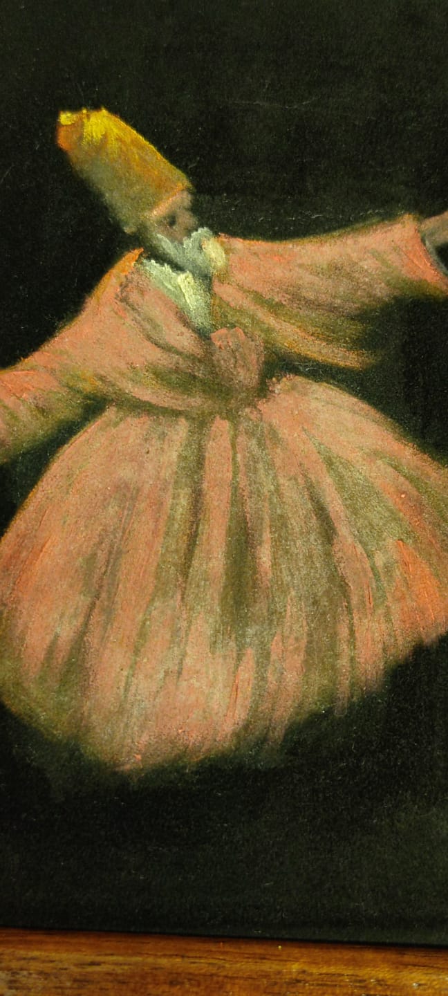 1968 YAGLI BOYA BEZ ÜZERİNE MEVLEVİ SAMAZEN SEMA AYİNİNDE ORJİNAL MASİF CERCEVESİNDE