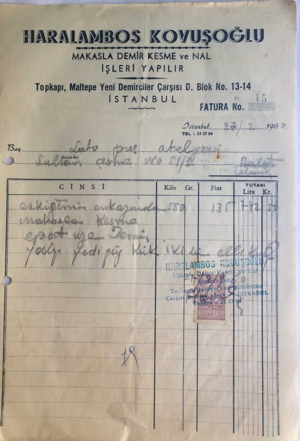 1960 TARİHLİ HARALAMBOS KOVUŞOĞLU TARAFINDAN KESİLMİŞ NO :15 FATURA 