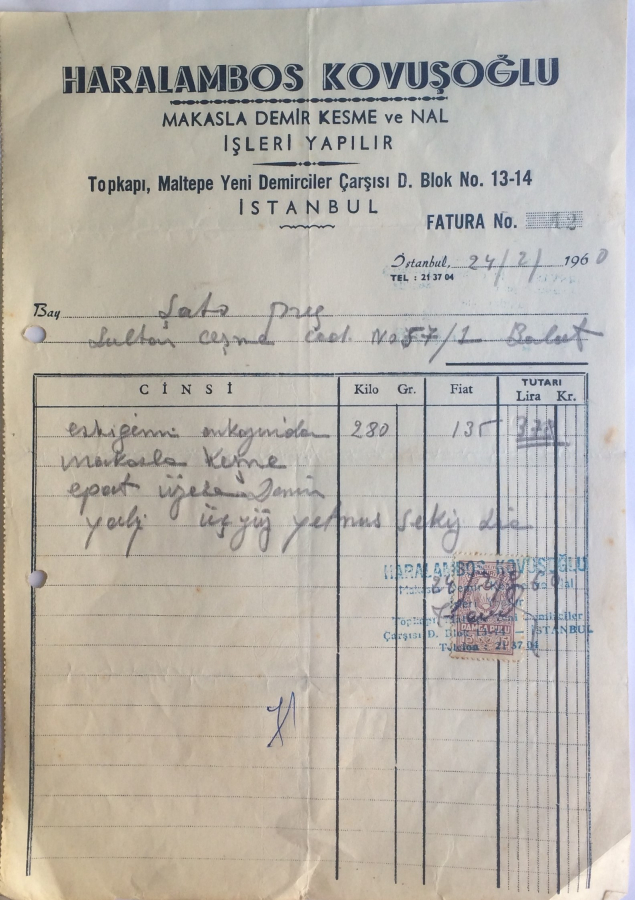 1960 TARİHLİ HARALAMBOS KOVUŞOĞLU TARAFINDAN KESİLMİŞ NO:12 FATURA 