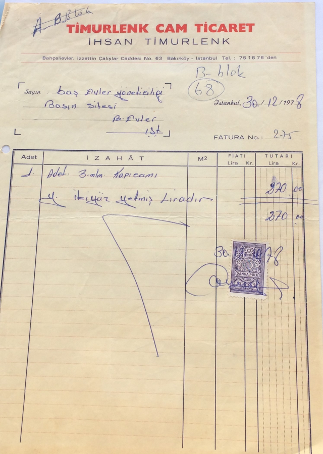 1978  TİMURLENK CAM TİCARET İHSAN TİMURLENK TARAFINDAN KESİLMİŞ FATURA 