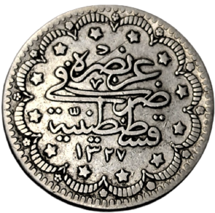 NADİR SULTAN V. MEHMET REŞAD HAN DÖNEMİ BURSA BASIM GÜMÜŞ KENARLARI TIRTIKLI  5 KURUŞ 