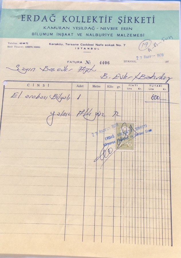 1978 ERDAĞ KOLLEKTİF ŞİRKETİ TARAFINDAN KESİLMİŞ FATURA 