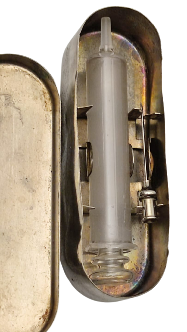 FRANSIZ ANTİK 1900'LER KRİSTAL CAM ENJEKTÖR & METAL İĞNE & METAL KUTU