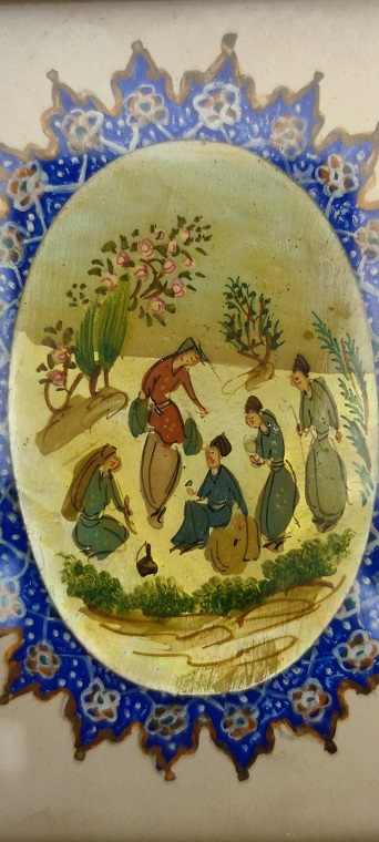 EL BOYAMA CİZİM OVAL KESİM SEDEF ÜZERİNE MİNYATÜR CALIŞMASI AHŞAP EL İŞLEME CERCEVESİNDE 1970