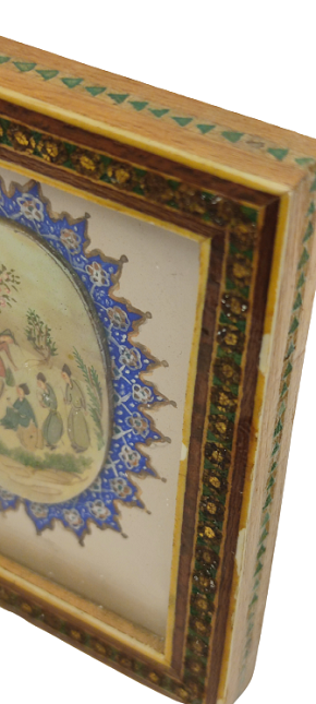 EL BOYAMA CİZİM OVAL KESİM SEDEF ÜZERİNE MİNYATÜR CALIŞMASI AHŞAP EL İŞLEME CERCEVESİNDE 1970