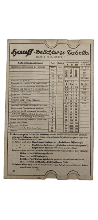FOTOGRAFCILIKDA POZLAMA ESTANTANE AYAR TABLOSU HAUFF BELİCHTUNGSTABELLE (D.R.G.M Nr. 67 893) DUNYA ŞAVAŞI ÜRÜNÜ