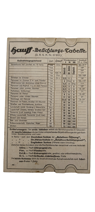 FOTOGRAFCILIKDA POZLAMA ESTANTANE AYAR TABLOSU HAUFF BELİCHTUNGSTABELLE (D.R.G.M Nr. 67 893) DUNYA ŞAVAŞI ÜRÜNÜ