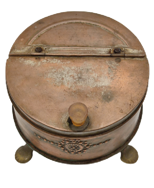 OSMANLI EL YAPIM USTA İŞİ KAHVE KUTUSU KAHVELERDE KULLANILAN BAKIR ÖNÜ İŞLEMELİ KAPAKLI OVAL  PİRİNC AYAKLI