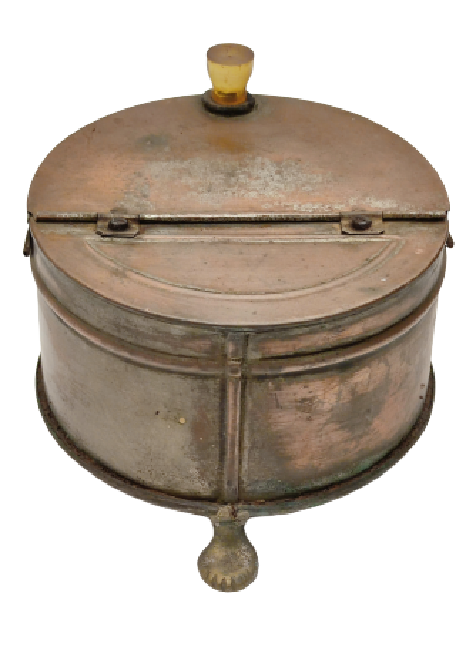 OSMANLI EL YAPIM USTA İŞİ KAHVE KUTUSU KAHVELERDE KULLANILAN BAKIR ÖNÜ İŞLEMELİ KAPAKLI OVAL  PİRİNC AYAKLI