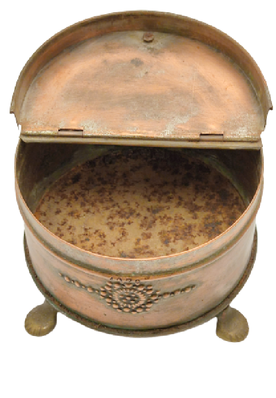 OSMANLI EL YAPIM USTA İŞİ KAHVE KUTUSU KAHVELERDE KULLANILAN BAKIR ÖNÜ İŞLEMELİ KAPAKLI OVAL  PİRİNC AYAKLI