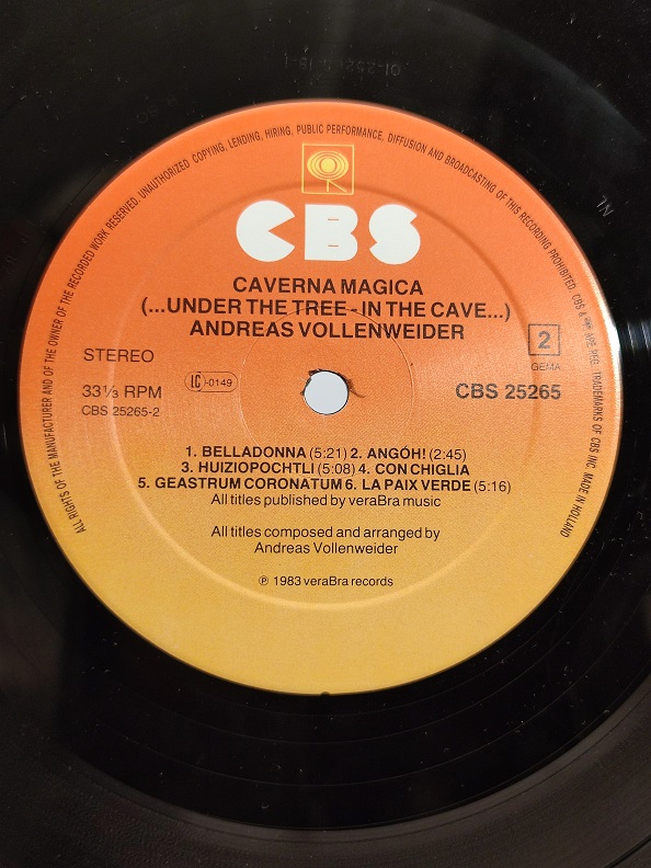 ANDREAS VOLLENWEİDER CAVERNA MAGİCA UZUN CALAR 33 DEVİR LP PLAK ORJİNAL KABINDA ORJİNAL BASKISIDIR