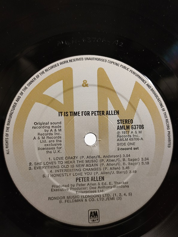 IT'S TIME FOR PETER ALLEN UZUN CALAR 33 DEVİR LP PLAK ORJİNAL KABINDA ORJİNAL BASKISIDIR