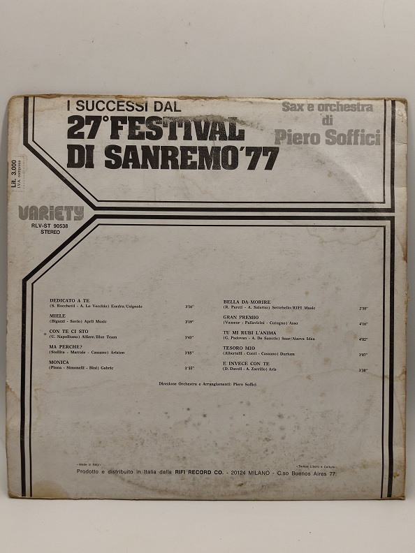PIERRP SOFFICI– I SUCCESSİ DAL 27° FESTİVAL Dİ SANREMO '77 UZUN CALAR 33 DEVİR LP PLAK ORJİNAL KABINDA ORJİNAL BASKISIDIR
