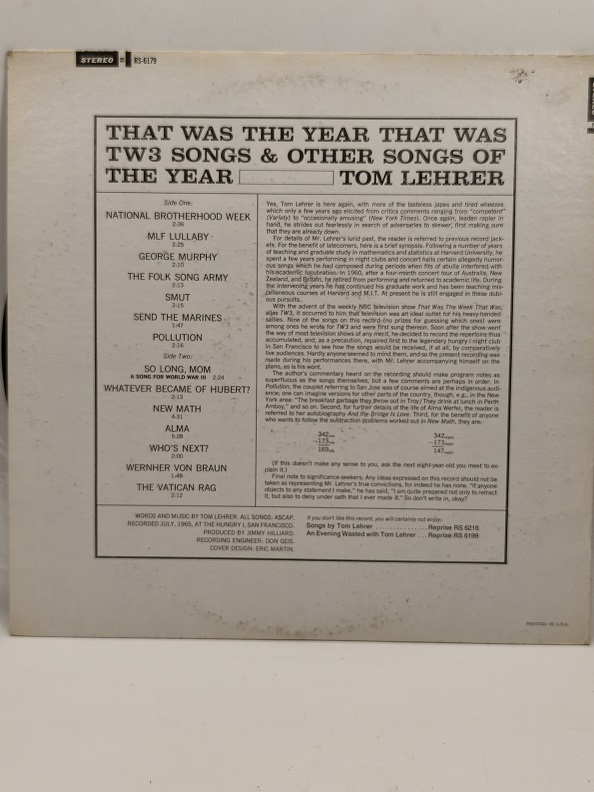 TOM LEHRER THAT WAS THE YEAR UZUN CALAR 33 DEVİR LP PLAK ORJİNAL KABINDA ORJİNAL BASKISIDIR