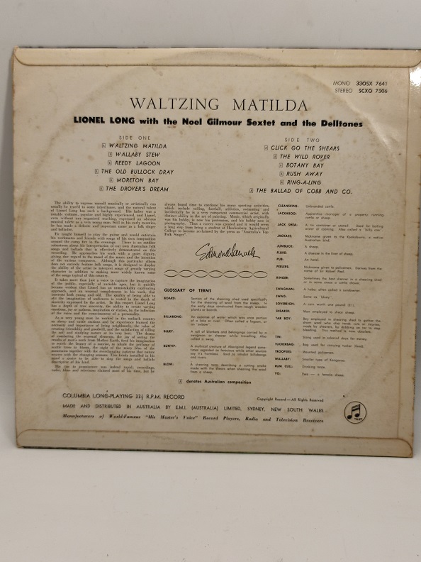 WALTZING MATİLDA LİONEL LONG UZUN CALAR 33 DEVİR LP PLAK ORJİNAL KABINDA ORJİNAL BASKISIDIR