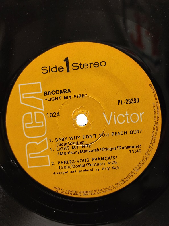 BACCARA LİGHT MY FİRE UZUN CALAR 33 DEVİR LP PLAK ORJİNAL KABINDA ORJİNAL BASKISIDIR