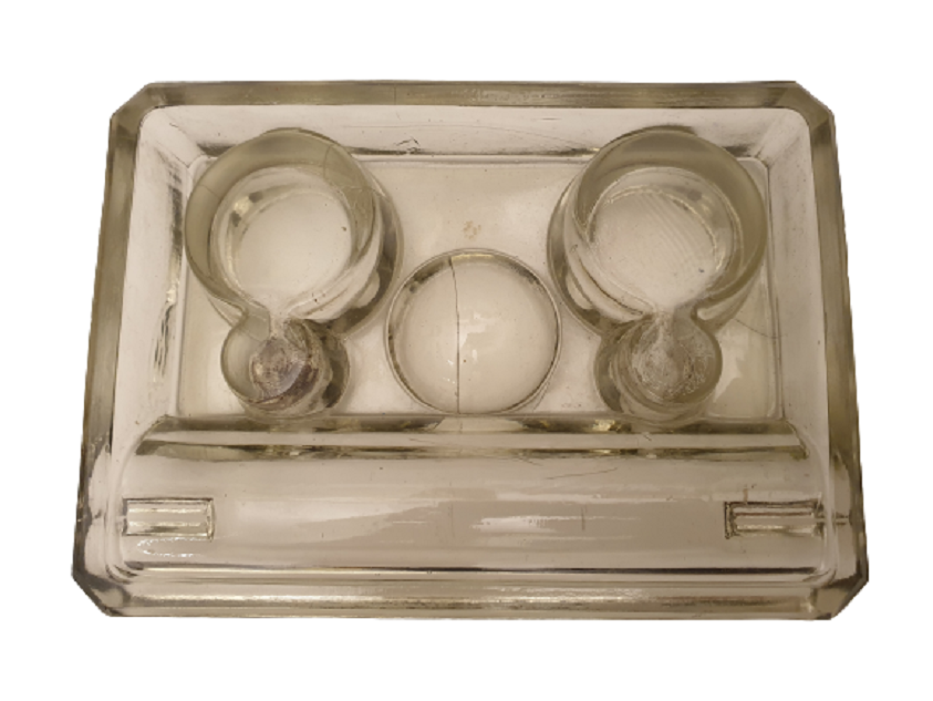 OSMANLI MASA ÜZERİ CİFT GÖZ AHŞAP DİVİTLİ CAM MUREKKEP YAZI HOKKA