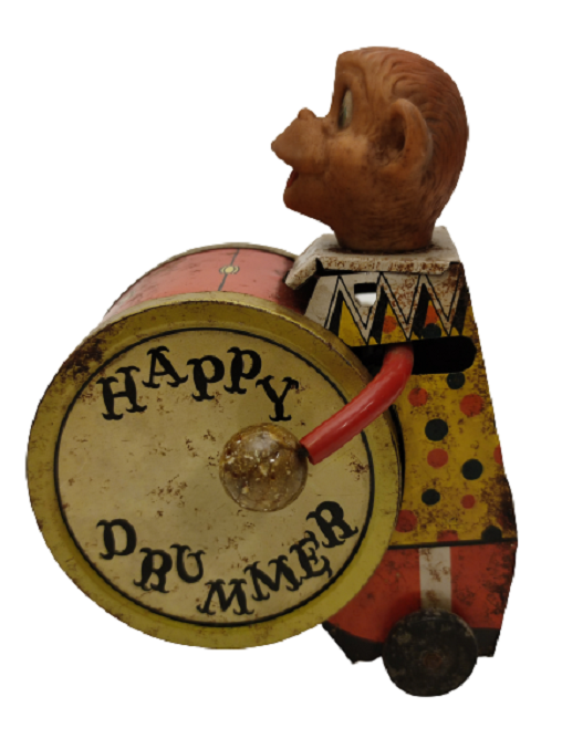 HAPPY DRUMMER KURMALI TENEKE TEKERLEKLİ YURUYEREK DAVUL ÇALAN MAYMUN OYUNCAK FİGÜR