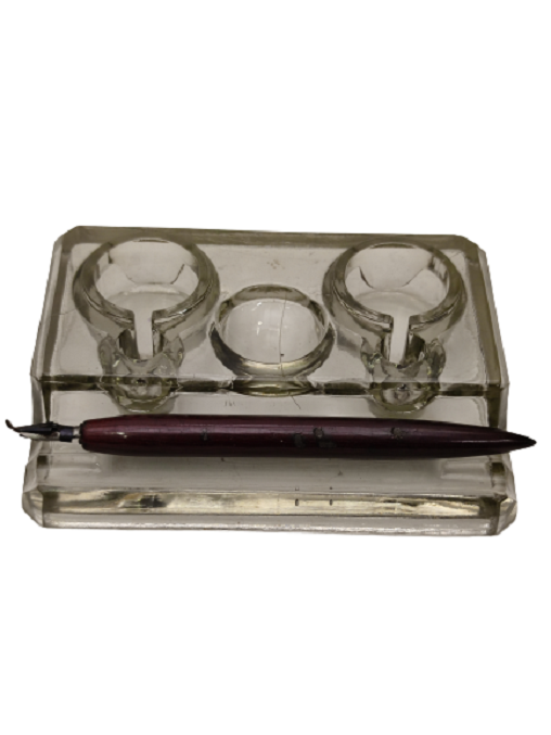 OSMANLI MASA ÜZERİ CİFT GÖZ AHŞAP DİVİTLİ CAM MUREKKEP YAZI HOKKA