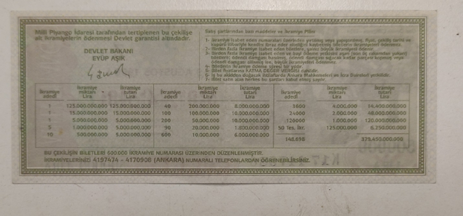 9 AĞUSTOS 1988 ÖZEL MİLLİ PİYANGO YARIM BİLET