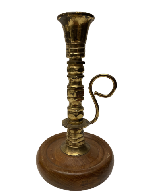 AHŞAP STANDLI KULPLU PİRİNÇ BRONZ İKİLİ GEMİCİ ŞAMDAN