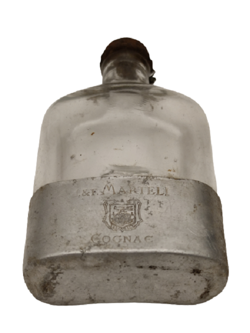 J&F MARTELL COGNAC  FRANSIZ BRANDY CAM  DİP ALİMÜNYUM METAL KORUMALI METAL KAPAKLI AVCI SUVARİ CEP KONYAK ŞİŞESİ