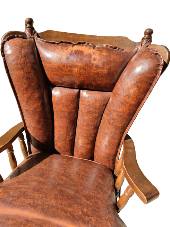 AHŞAP MASİF KOYU CEVİZ RENKDE SALLANAN KOLTUK KAHVERENGİ DERİ DÖŞEMELİ 